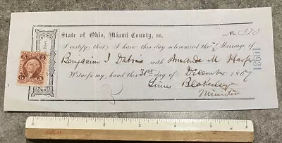 1867 Miami County Ohio Marriage Certificate W R24c Revenue Stamp Dubois/Harper • $65