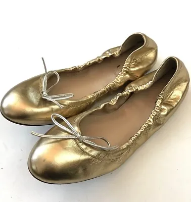 J.Crew Emma Gold Leather Ballet Flats With Black Bow Size 9.5 A0595 9.5 • $56.70