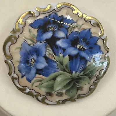 Antique Vintage Hand Painted Porcelain Brooch Pin Blue Flowers C Clasp 1.75” • $15