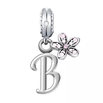 Letter B Name Initial Pink Daisy Flower Charm 💜 925 Sterling Silver Gift • £16.99