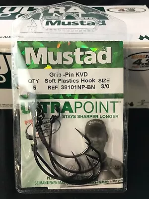 FISHING HOOKS - MUSTAD GRIP-PIN KVD SOFT PLASTIC HOOK - SIZE 3/0 5PK - New • $9.49