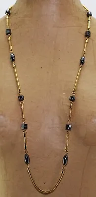 Vintage Monet Signed Long Hematite Bead & Gold Tone Snake Chain Necklace 34  • $20