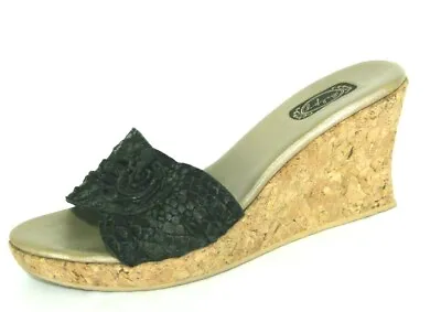 $44.95 • Buy Salpy Shoes Sandals Sz 10 Slides Cork Wedge Heels Black Snake Print Hand Crafted