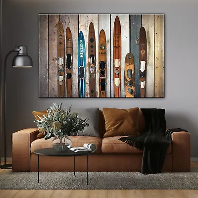 Water Wooden Skis Print Canvas Rustic Style Vintage Beach Decor Surfing Framed • $189