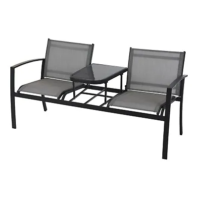 Two Seater Garden Bench With Table Porch Patio Fabric Chair Seat Outdoor Metal • £142.99