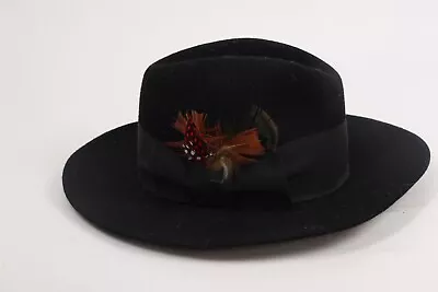 Vintage Black Feather Cavalier Wool Felt Fedora Hat Size S • $39.99