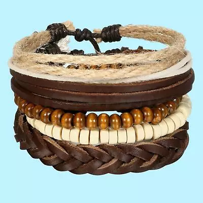 5pc Leather Bracelets For Men Women Beaded Wooden Bangle Cuff Braided Wristband • $8.21