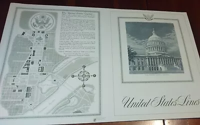 Vtg SS United States Lines Capitol Menu Cover DC Map Steel Engraving 11x17 • $13.12