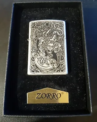 Zorro Ancient Silver Dragon Petrol Lighter With Solid Copper Insert In Gift Box • £24.99