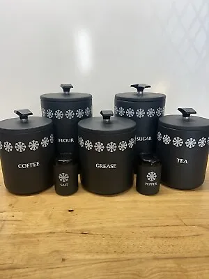 West Bend Miracle Maid Charcoal-Black Snowflake  Alum Canisters MCM Vintage 9PC • $59.99