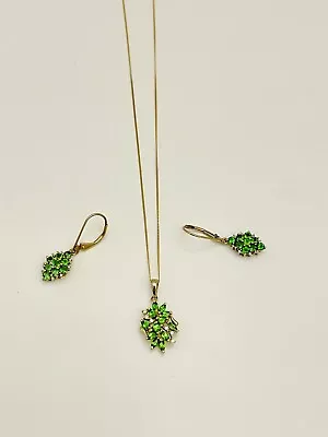 9ct Gold Necklace & Earrings Set Diopside & Diamond Cluster 3.6 Gms Mark 375 • £219