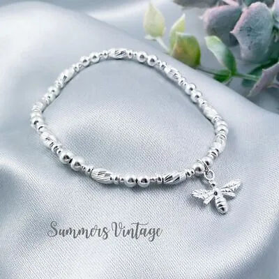 Sterling Silver Lucky Bee Bracelet Dainty Sparkly Stretch Stacking Beaded Charm • £28