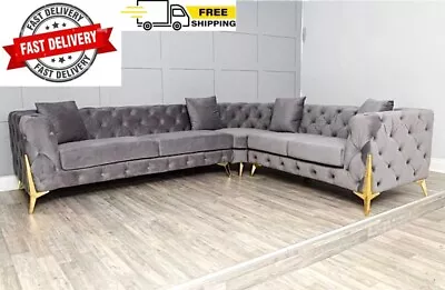 Corner Sofa Chesterfield Couch Upholstered Velvet Plush Grey RRP £1699.99 • £1149.99