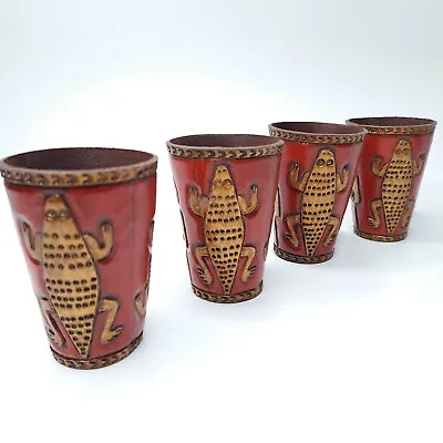 S/4 VTG Embossed Leather Dice Cups Red Gold Good Fortune Lizard Prosperity God • $65