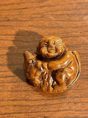 Hardwood Sculpture Carving Vintage Happy Man With Fish • $25