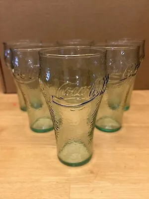 Lot Of 6 Coca-Cola Green Glass Pebbled Texture Drinking Glasses 16 Oz ~ Vintage • $15