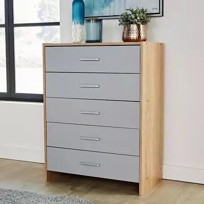 Stratford Grey Oak Chest Of 5 Drawers Bedroom Furniture With Metal Runners • £59.99