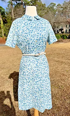 Vtg 60's Blue Floral Calico Day Dress Peter Pan Collar Metal Zipper • $28