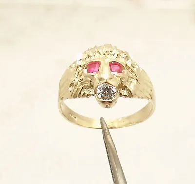 Size 8 Men's Lion Head Ring Ruby Eyes Real Solid 10K Yellow Gold • $264