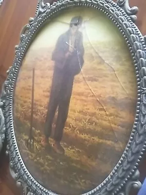 17 In Oval Convex Glass Vintage Framed Praying Farmer & Wife Picture Decor • $30