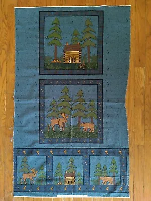 Cabin Bear Moose Outdoors Blue Cotton Fabric Panel Making Tracks Riverwoods 24   • £7.70