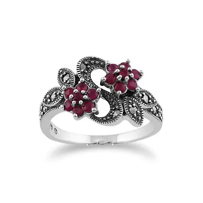 Art Nouveau Style Round Ruby & Marcasite Flower Ring In 925 Sterling Silver • $88.15