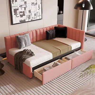 Twin Size Daybed With 2 Drawer Upholstered Bed Frame Sofa Bed W/ Storage Pink • $345.99