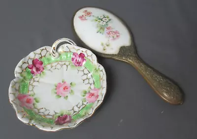 2 Vintage Dresser Pieces Handheld Mirror & Trinket Pin Dish Nippon - C4 Sb • $14.94