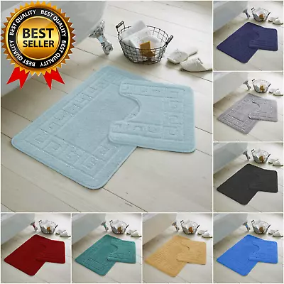 £10.95 • Buy 2 PIECE JACQUARD GREEK BATH MAT Toilet Pedestal Set Non Slip Bathroom Rugs Mats