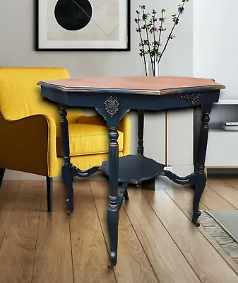 Navy Blue Wooden Table On Wheels Side Accent Dining Table Upcycled Painted  • £125