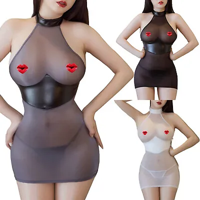 Women Clubwear Lingerie Bodystockings PU Leather Patchwork Dress Tempting Teddy • $5.57