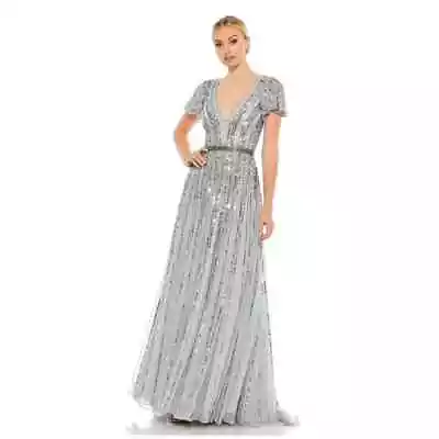 Mac Duggal NWT Stripe Sequin V-Neck Gown In Slate Blue Sz 14 • $228