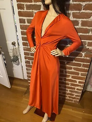 Halston IV Vintage 70s Women's Dorian Caftan Maxi Dress Orange Red O/S Deep V • $595