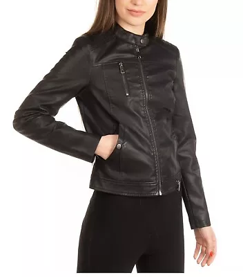 VERO MODA Biker Jacket Size:S PU Leather Quilted Shoulders Full Zip • $35