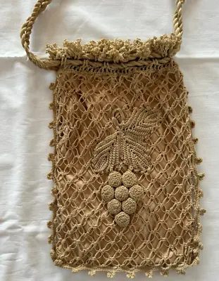 Antique Vintage Beige Hand Crochet Purse With Silk Lining Evening Handbag • $14.99