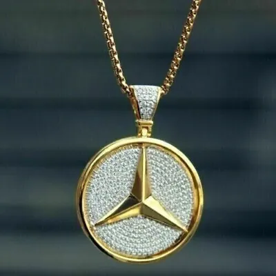 3Ct Round Cut Lab Created Diamond Mercedes Benz Pendant 14k Yellow Gold Finish • $89.96