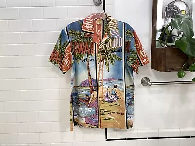 1980s Vtg HANG TEN ALL OVER ART DECO POSTCARD PRINT SURF SHIRT M Advertising • $98