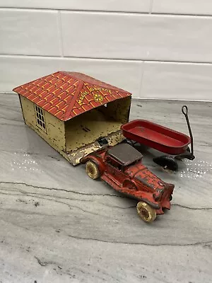 Vintage 1930s Marx Magic Garage With Cast Iron Truck & Tin Wagon  • $110