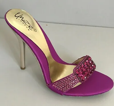 Unze Ladies Girls High Heel Bridal Evening Purple Diamante Peep Toe Shoes Size 4 • £27.50