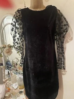 £29.99 • Buy Zara Black Velvet Velour Backless Polka Dot Sleeved Dress Size L