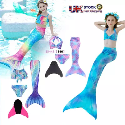 Kids Mermaid Tail With Monofin Swimmable Bikini Set Costume Swimsuit Swimming UK • £11.65