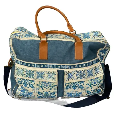 Anthropologie Miss Albright Azulejos Blue White Floral Weekender Canvas Bag Sz L • $40