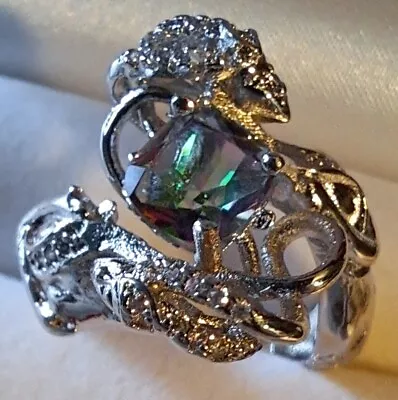 Mermaid Ring With Mystic Topaz Double Mermaids Band White Crystal Accents Unique • $14.70