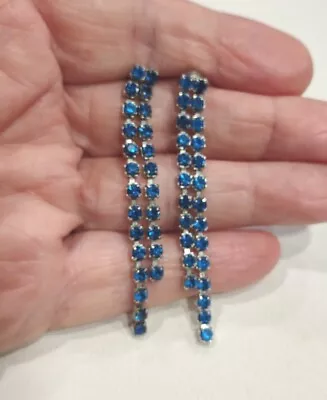 Vintage Silver Tone Blue Rhinestone Dangle Pierced Earrings N37 • $1.29