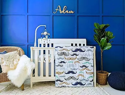 Boho Little Man Mustache 100% Organic Cotton 4-Piece Baby Boy Nursery Bedding C • $49