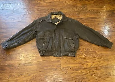 Vintage Mirage Dark Brown Genuine Leather Flight Bomber Lined Map Biker Jacket L • $39.99