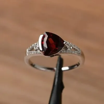 2.50Ct Trillion Cut Lab Created Red Garnet Engagement Ring 14K White Gold Plated • $89.99