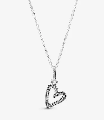 Silver Pandora Sparkling Freehand Heart Pendant Necklace Free Shipping • $39