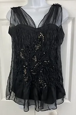 MM Couture By Miss Me Black Sheer Rhinestone  Boho Ruffle Sleeveless Shirt S • $8.99