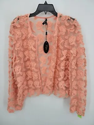 Cupio Top Womens Large Peach Lace Sheer Open Front Cardigan Boho Peasant NWT • £32.02